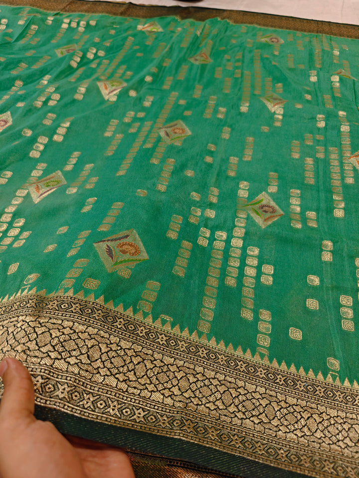 SEA GREEN KHADDI GEORGETTE WITH BOTTLE GREEN BORDER