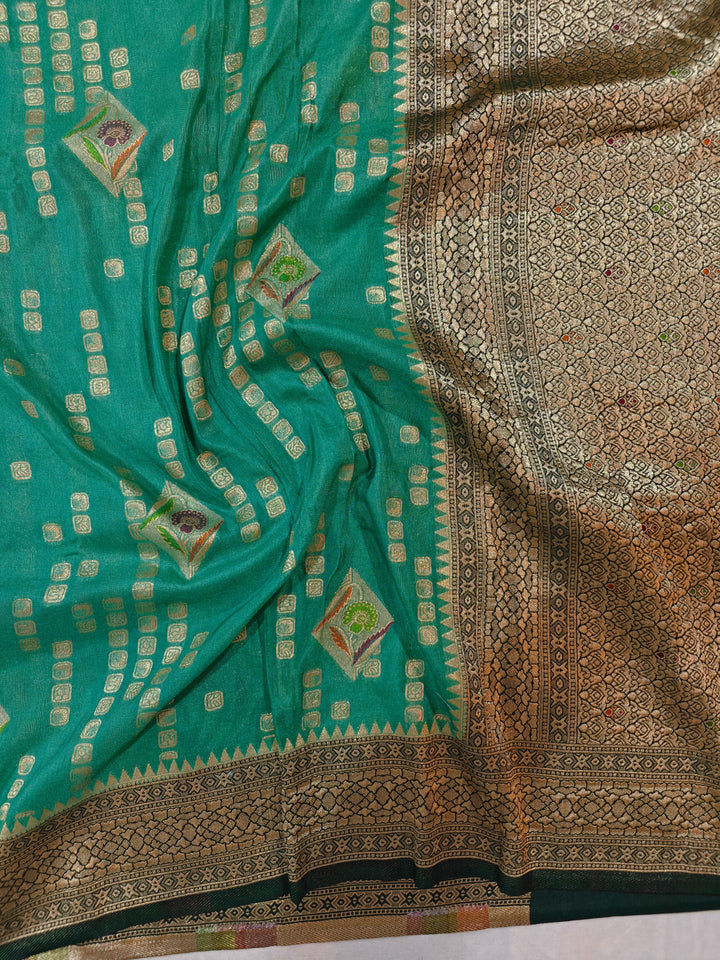 SEA GREEN KHADDI GEORGETTE WITH BOTTLE GREEN BORDER