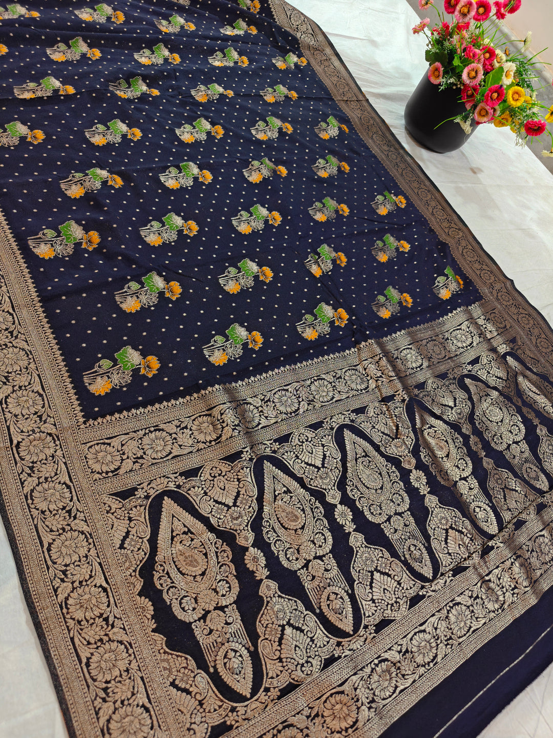 DARK NAVY BLUE KHADDI GEORGETTE WITH PANCHRANG BOOTA