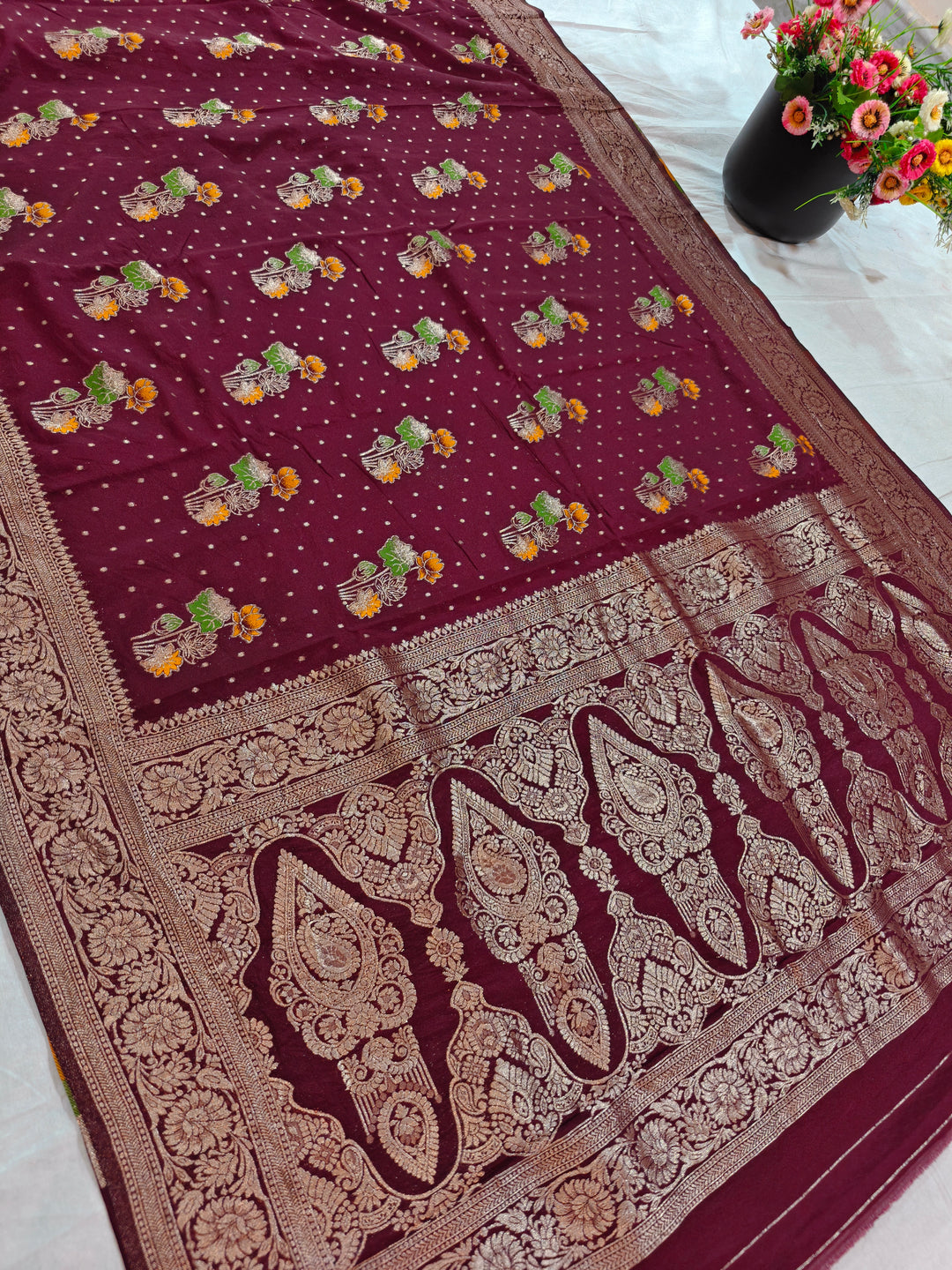GARNET KHADDI GEORGETTE WITH PANCHRANG BOOTA