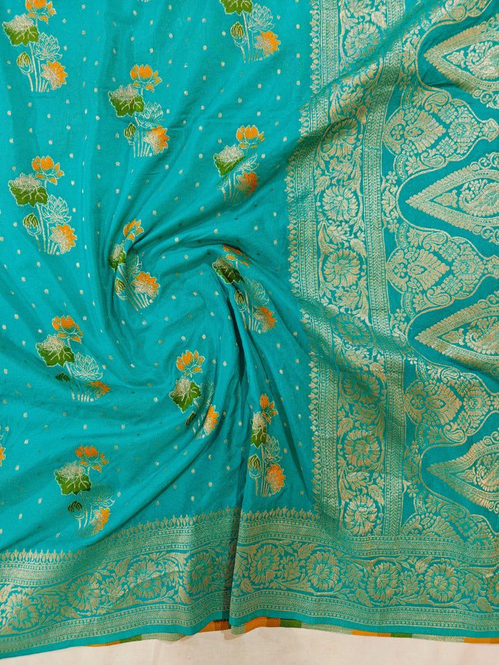 KHADDI GEORGETTE IN TEAL GREEN WITH PANCHRANG BOOTA
