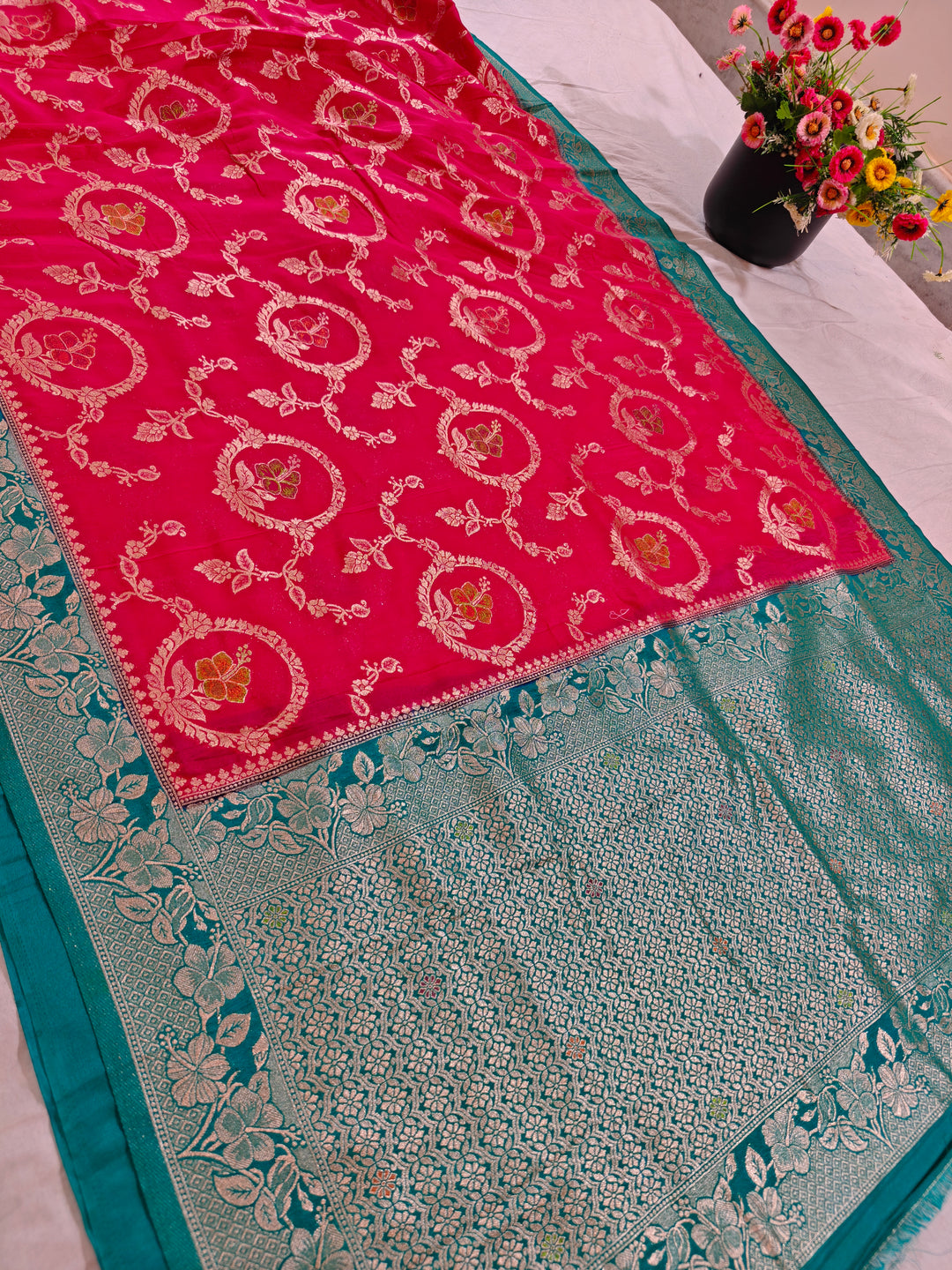 KHADDI GEORGETTE IN CHERRY RED WITH SEA GREEN BORDER
