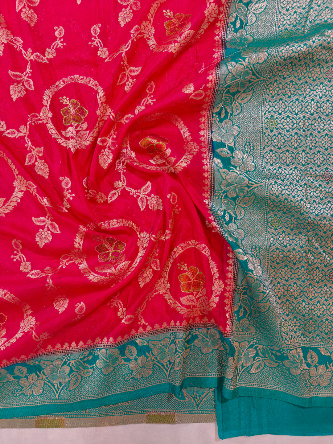 KHADDI GEORGETTE IN CHERRY RED WITH SEA GREEN BORDER