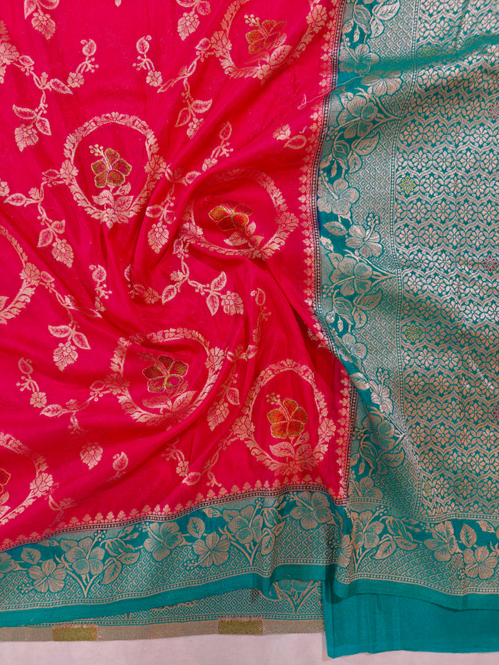 KHADDI GEORGETTE IN CHERRY RED WITH SEA GREEN BORDER