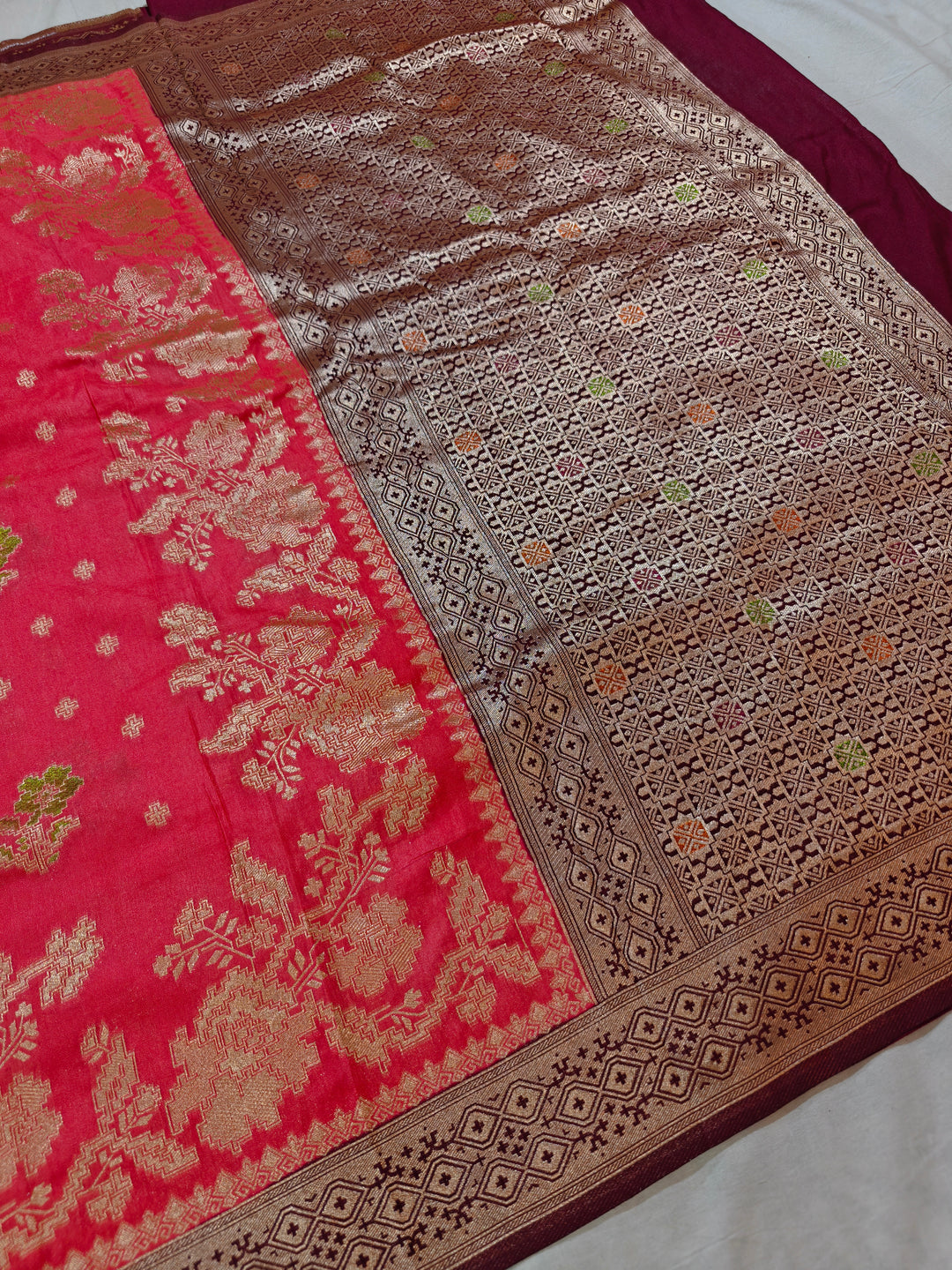 KHADDI GEORGETTE IN STRAWBERRY WITH GARNET BORDER