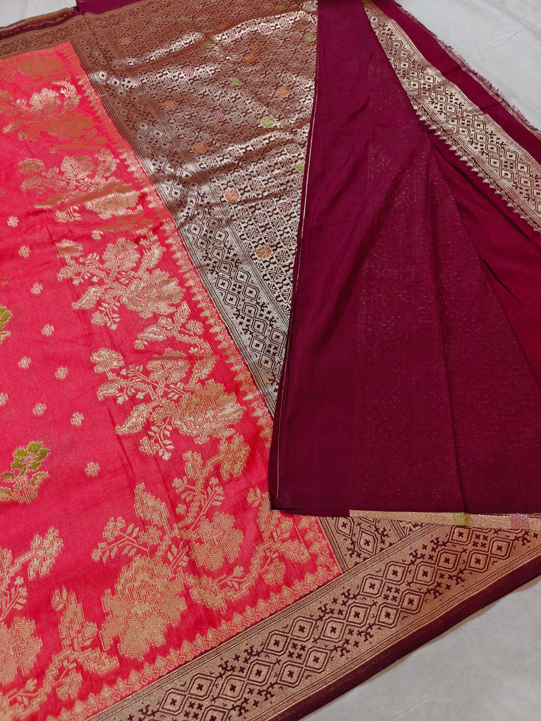 KHADDI GEORGETTE IN STRAWBERRY WITH GARNET BORDER