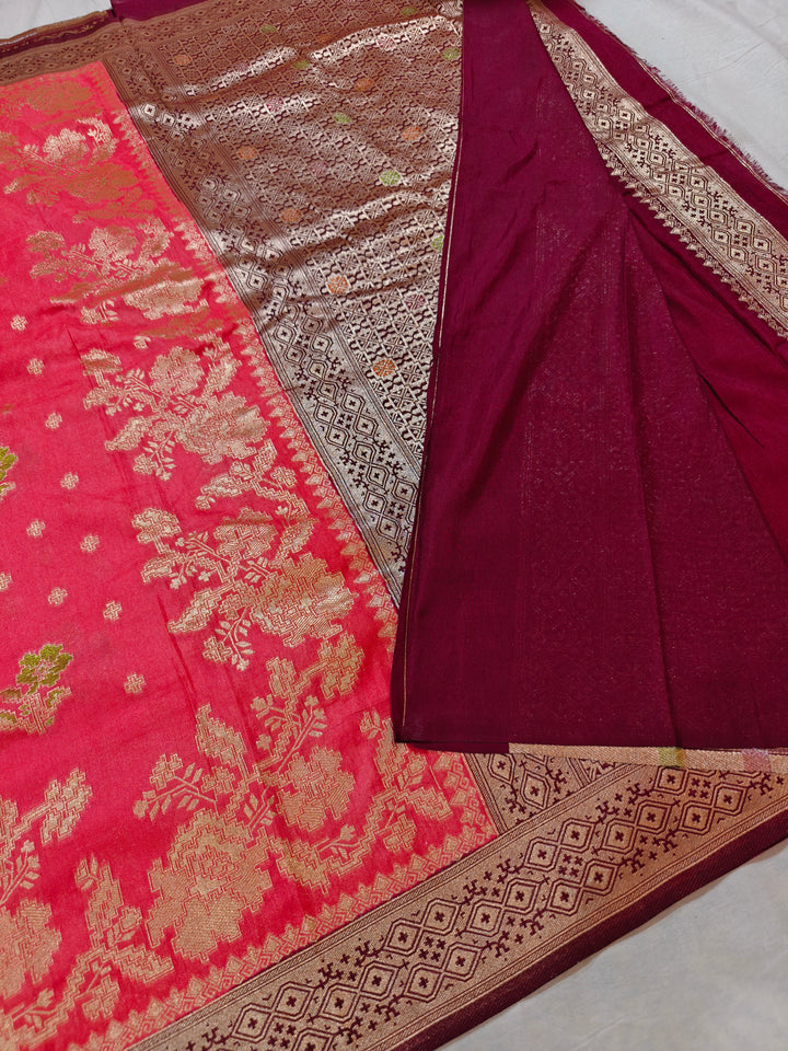 KHADDI GEORGETTE IN STRAWBERRY WITH GARNET BORDER