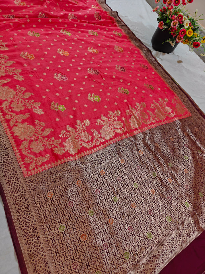 KHADDI GEORGETTE IN STRAWBERRY WITH GARNET BORDER