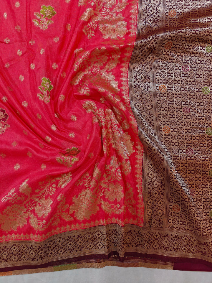 KHADDI GEORGETTE IN STRAWBERRY WITH GARNET BORDER