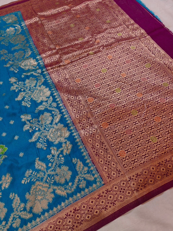 KHADDI GEORGETTE OCEAN BLUE WITH VINE BORDER