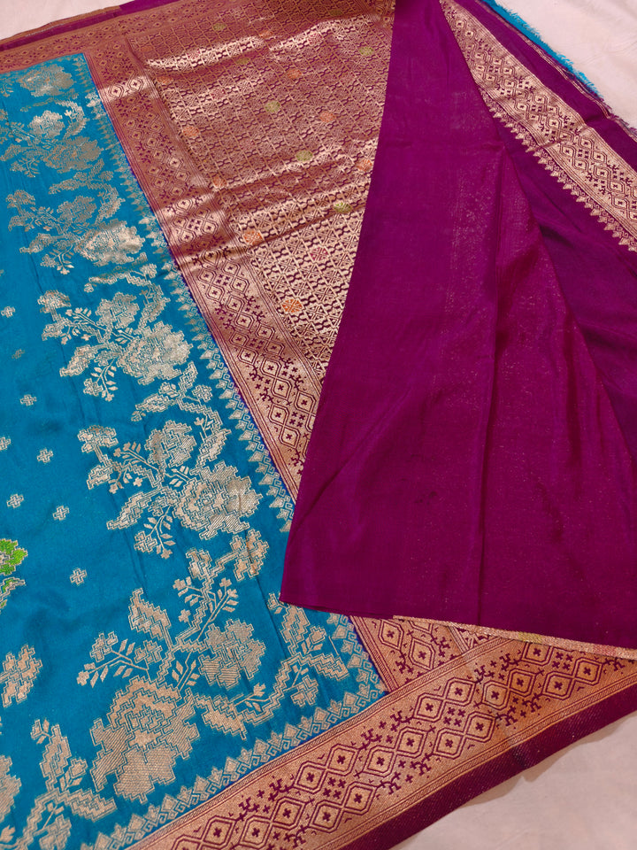 KHADDI GEORGETTE OCEAN BLUE WITH VINE BORDER