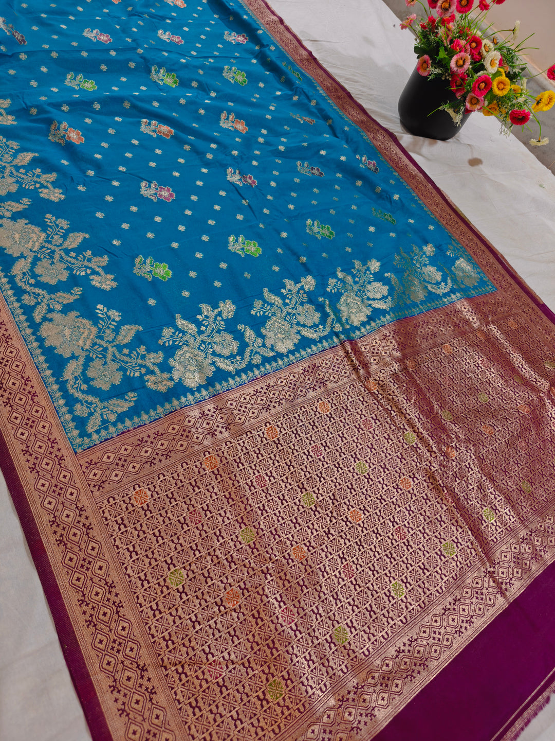 KHADDI GEORGETTE OCEAN BLUE WITH VINE BORDER