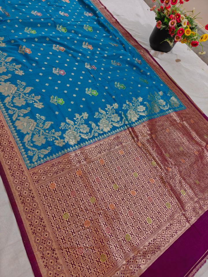 KHADDI GEORGETTE OCEAN BLUE WITH VINE BORDER