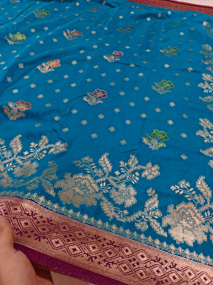KHADDI GEORGETTE OCEAN BLUE WITH VINE BORDER