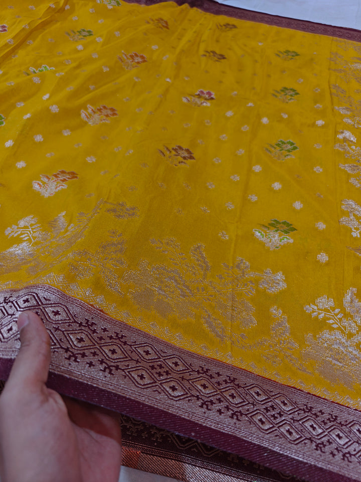 KHADDI GEORGETTE GOLD COLOUR WITH VINE COLOUR BORDER