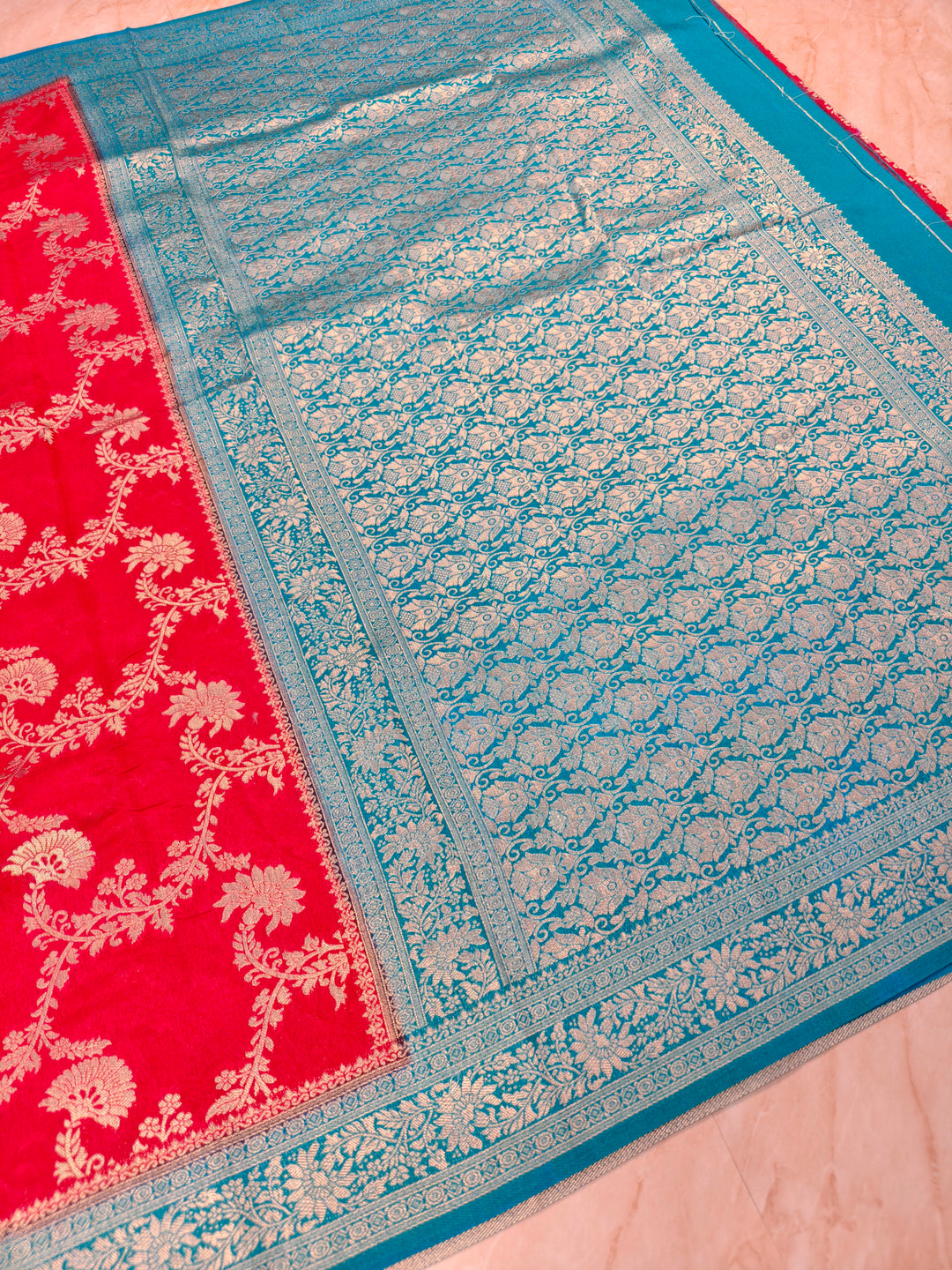 PAPER SILK IN RED WITH SKY BLUE BORDER
