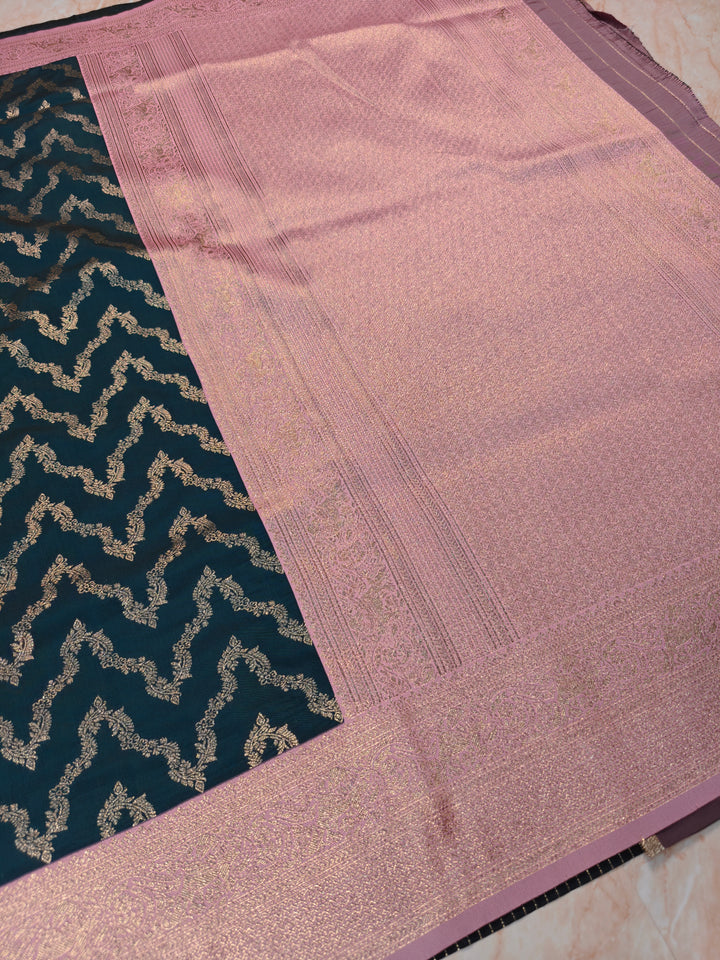 BANARASI KATAN SILK IN BOTTLE GREEN WITH BABY PINK