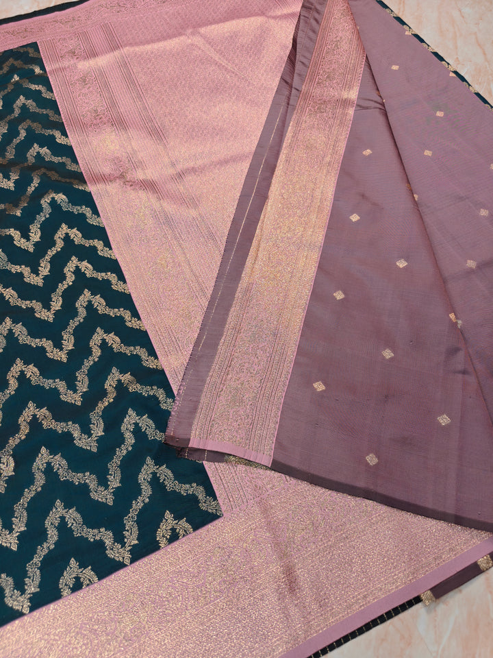 BANARASI KATAN SILK IN BOTTLE GREEN WITH BABY PINK