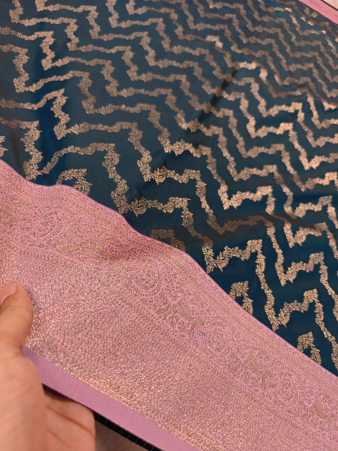 BANARASI KATAN SILK IN BOTTLE GREEN WITH BABY PINK