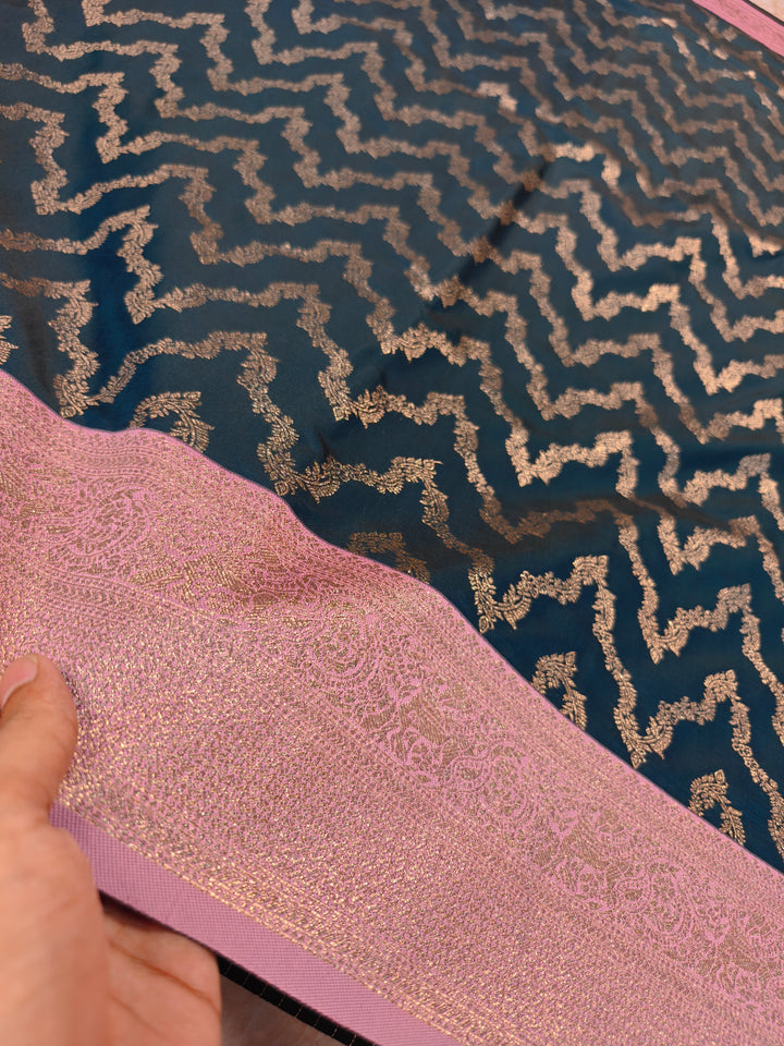 BANARASI KATAN SILK IN BOTTLE GREEN WITH BABY PINK