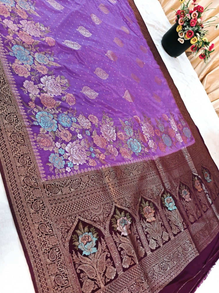 KHADDI GEORGETTE IN LAVENDER WITH CHOCOLATE BORDER