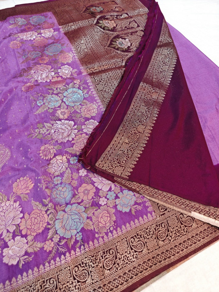 KHADDI GEORGETTE IN LAVENDER WITH CHOCOLATE BORDER