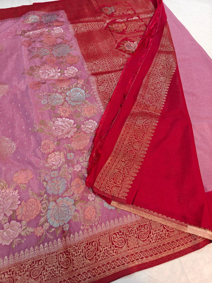 KHADDI GEORGETTE IN PAECH WITH RED COLOUR BORDER