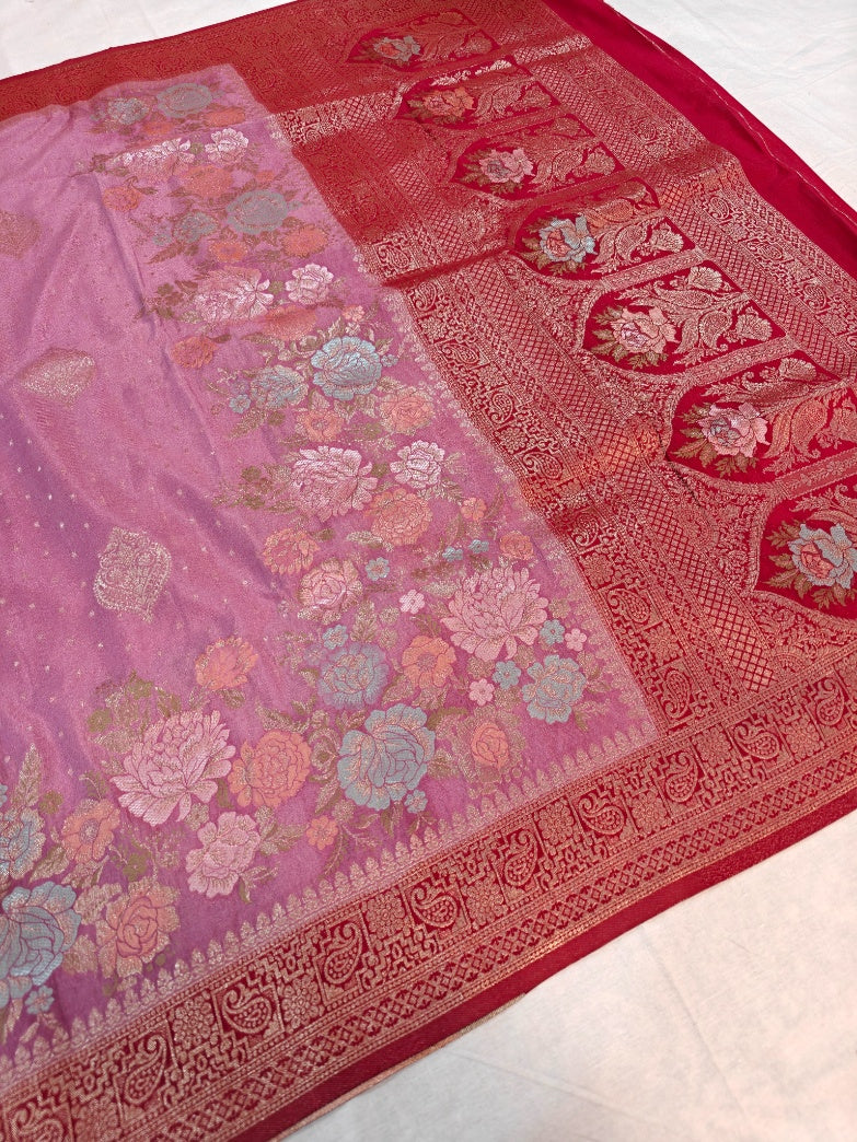 KHADDI GEORGETTE IN PAECH WITH RED COLOUR BORDER