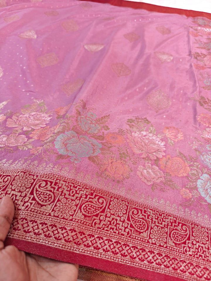 KHADDI GEORGETTE IN PAECH WITH RED COLOUR BORDER