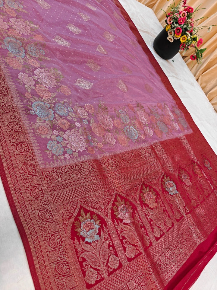 KHADDI GEORGETTE IN PAECH WITH RED COLOUR BORDER