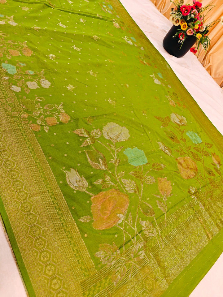 PARROT GREEN KHADDI GEORGETTE PANCHRANG BOOTA