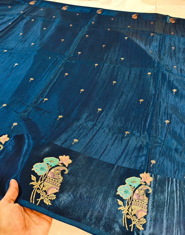 RUSSIAN SATIN SILK WITH TEXTURED FABRIC IN NAVY BLUE COLOUR