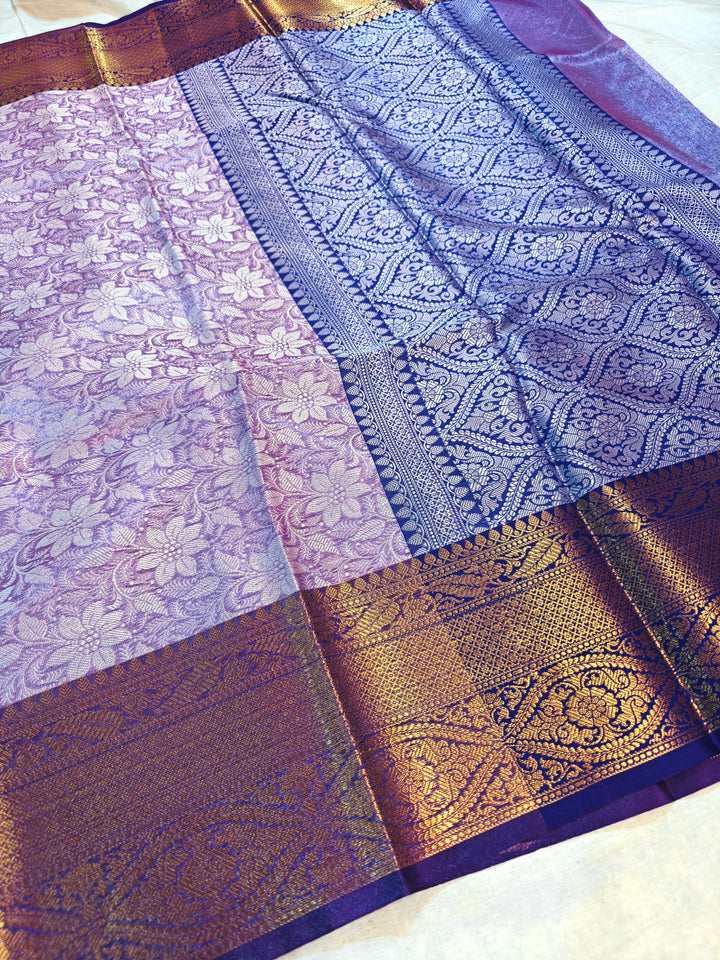 BANARASI KATAN TISU LAVENDER BODY WITH ROYAL BLUE BORDER