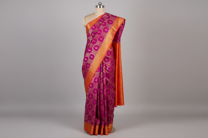 MAGENTA KHADDI GEORGETTE WITH ORANGE BORDER