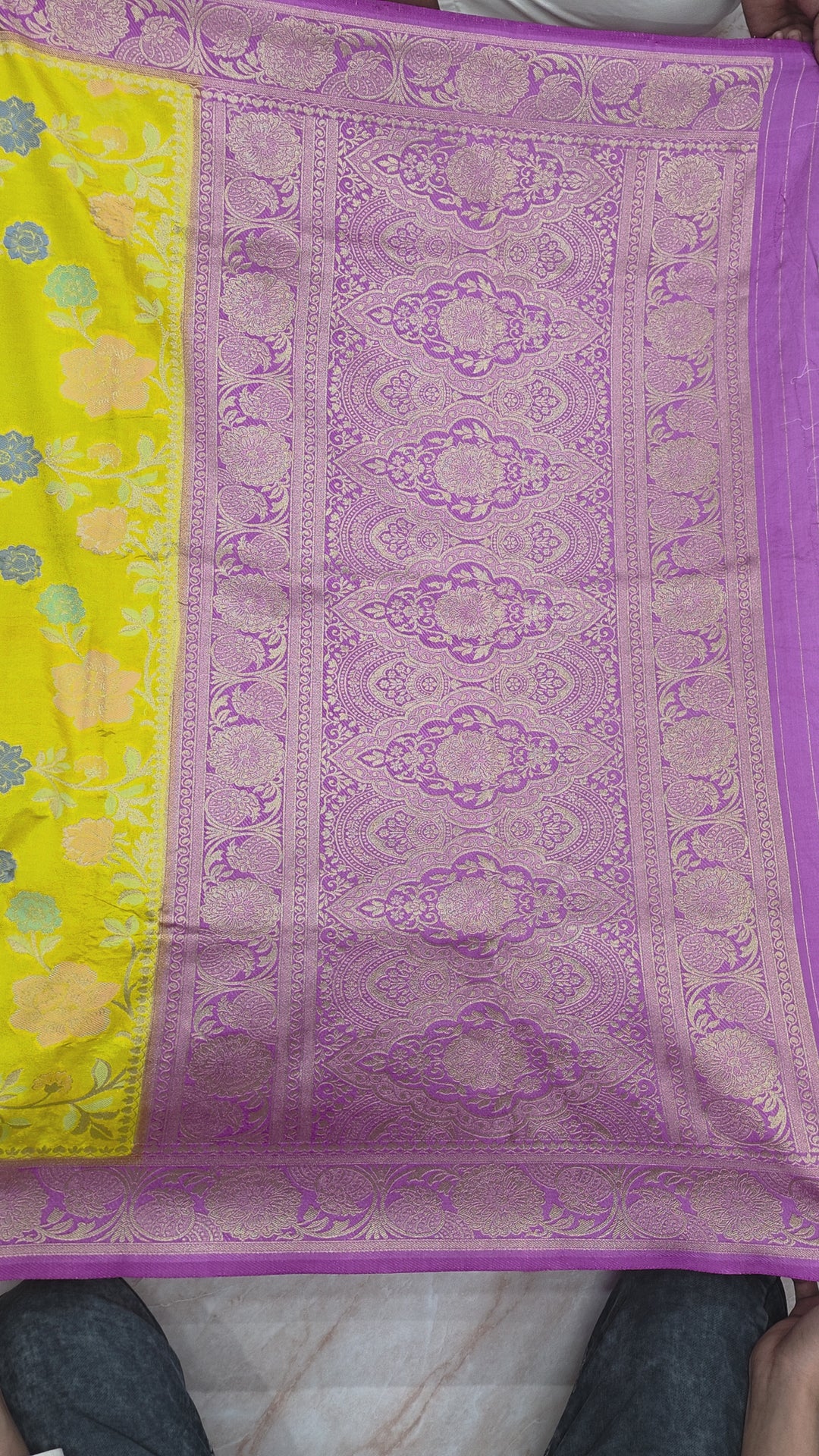 VISCOS SILK IN AIRY GOLD WITH LAVENDER BORDER