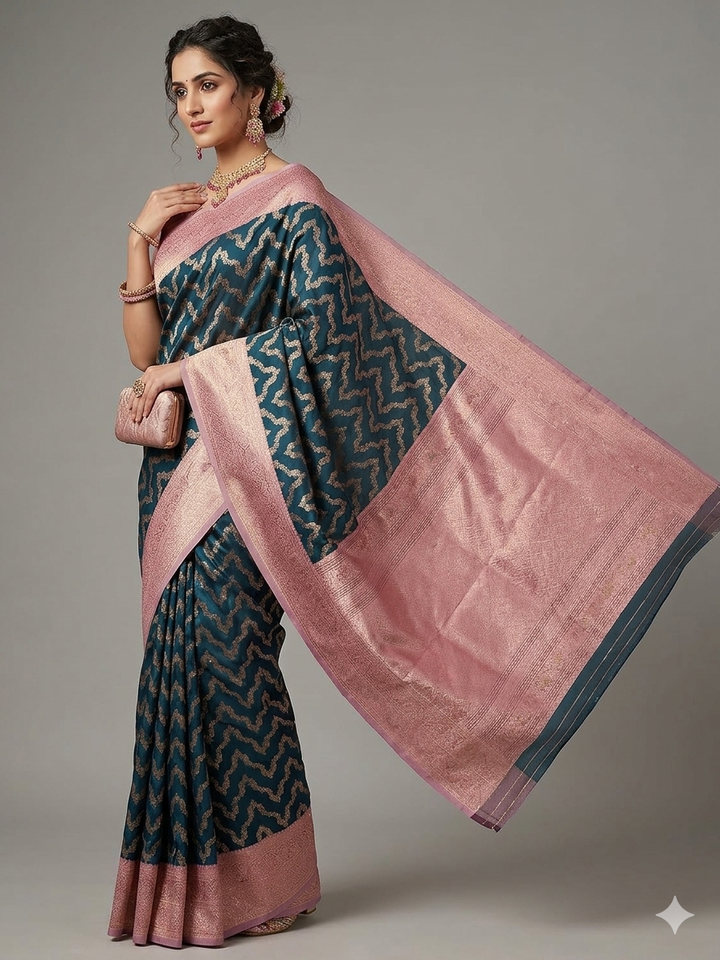 BANARASI KATAN SILK IN BOTTLE GREEN WITH BABY PINK